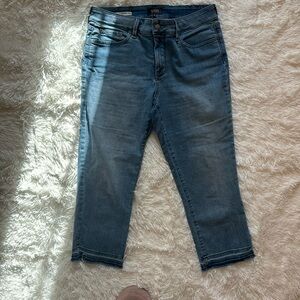 NYDJ wide cuff jean capris with distressed hems & Lift Tuck technology fabric.